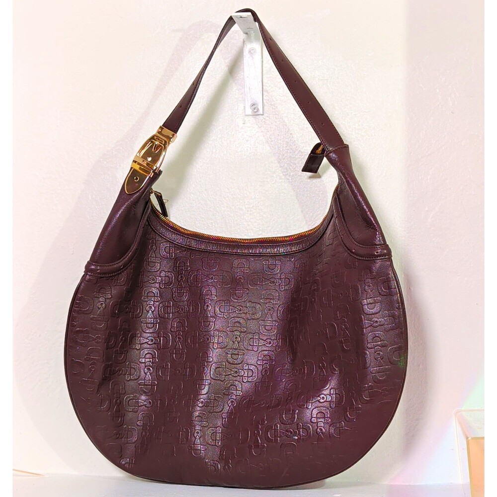 Gucci Brown Logo Embossed Crescent Shoulder Bag Gold Hardware Zip Buckle